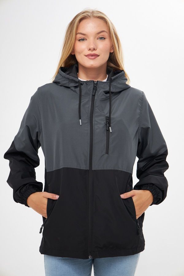 River Club River Club Women's Anthracite-Black Two-tone, Inner Lined Water and Windproof Hooded Raincoat with Pocket.