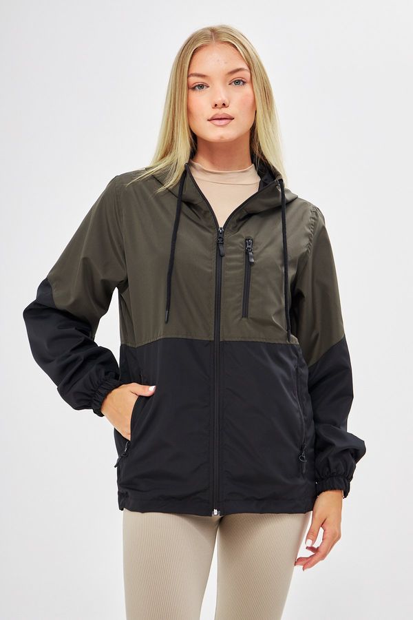 River Club River Club Women's Khaki-Black Two-tone Lined Water And Windproof Hooded Raincoat With Pocket.