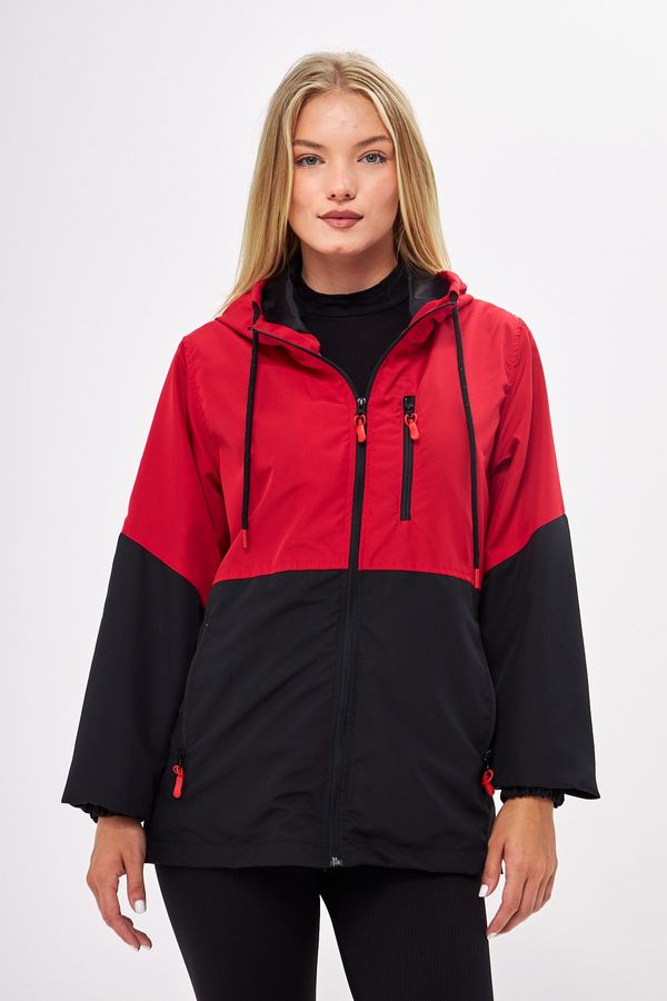 River Club River Club Women's Red-Black Two-tone Lined Water And Windproof Hooded Raincoat With Pocket.