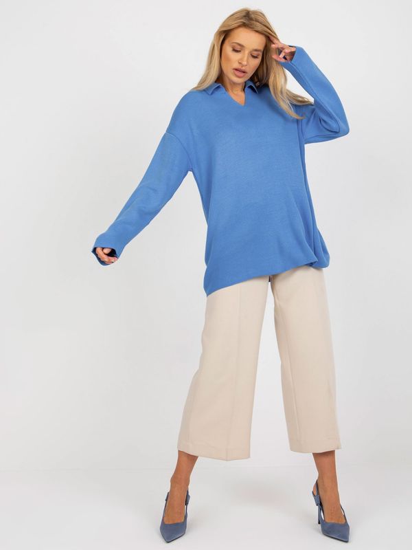Fashionhunters RUE PARIS blue long oversized sweater with collar