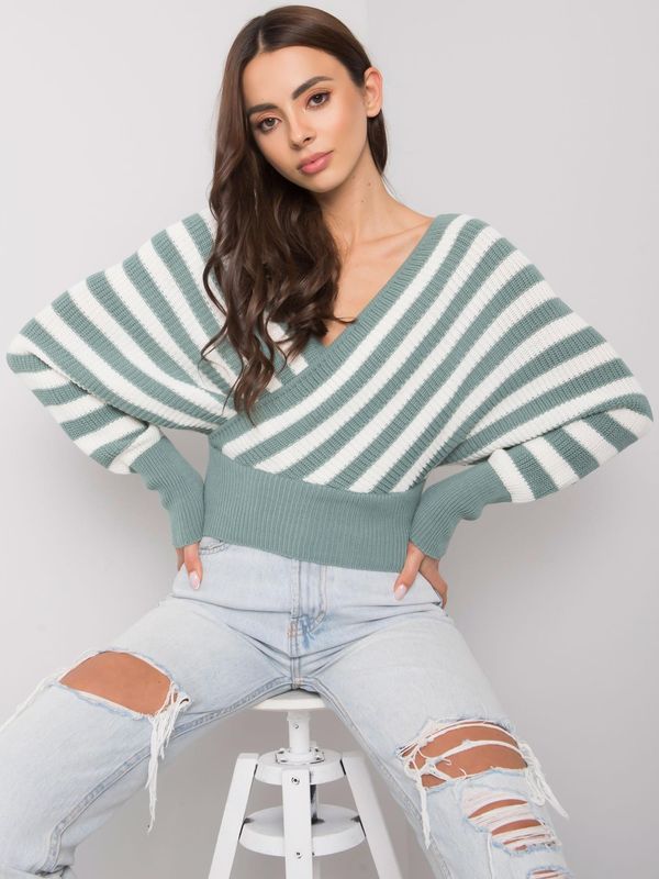 Fashionhunters RUE PARIS Women's mint white sweater with a triangle neckline