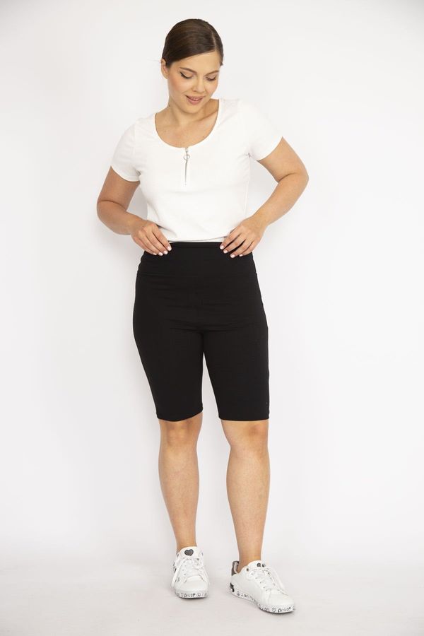 Şans Şans Women's Black Large Size Wide Belt Knitted Viscose Fabric Shorts