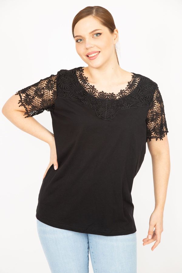 Şans Şans Women's Black Plus Size Cotton Fabric Lace Detail Blouse
