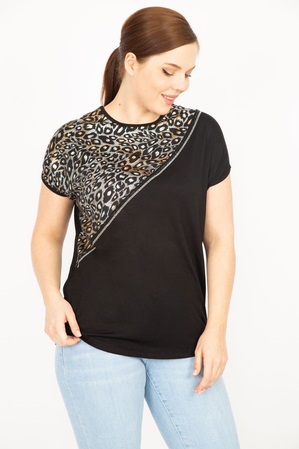 Şans Şans Women's Black Plus Size Lame Print and Stone Detailed Blouse