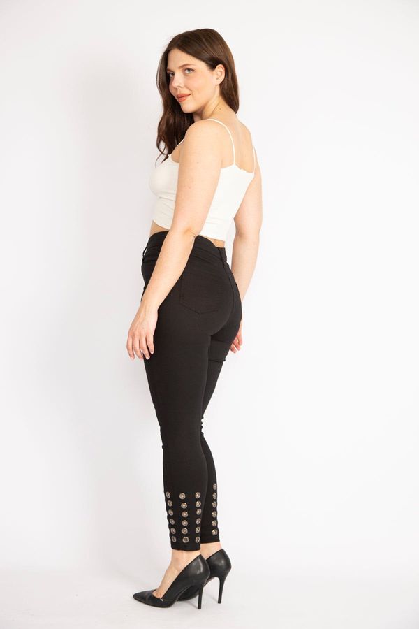 Şans Şans Women's Black Plus Size Leg Eyelet Detailed Lycra Gabardine 5-Pocket Trousers