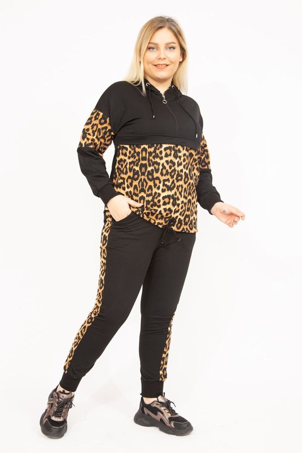 Şans Şans Women's Black Plus Size Leopard Garnish Hooded Sweatshirt Trousers Suit