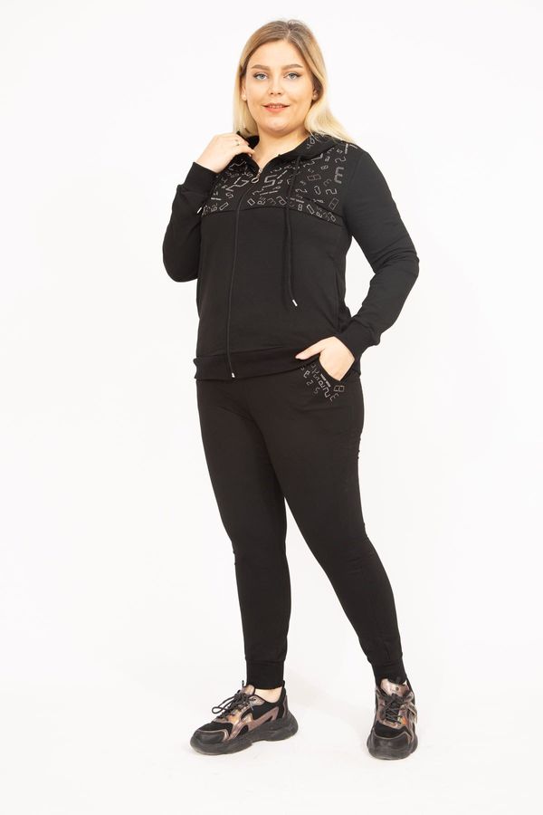 Şans Şans Women's Black Plus Size Stone Detailed Hooded Sweatshirt Trousers Suit