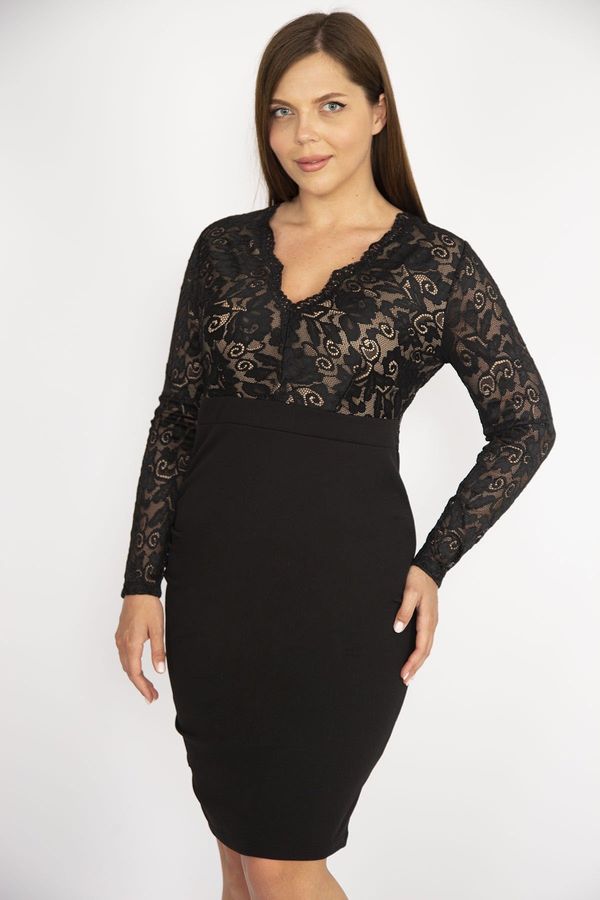 Şans Şans Women's Black Plus Size Top Lace V-Neck Evening Dress
