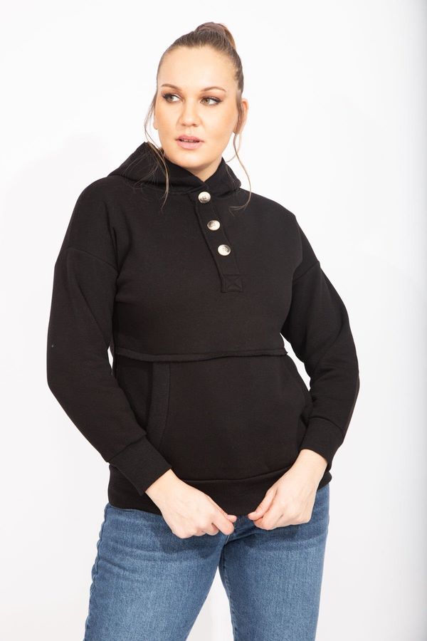 Şans Şans Women's Black Rayon 2 Thread Fabric Front Pat with Buttons Kangaroo Pocket And Hooded Sweatshirt
