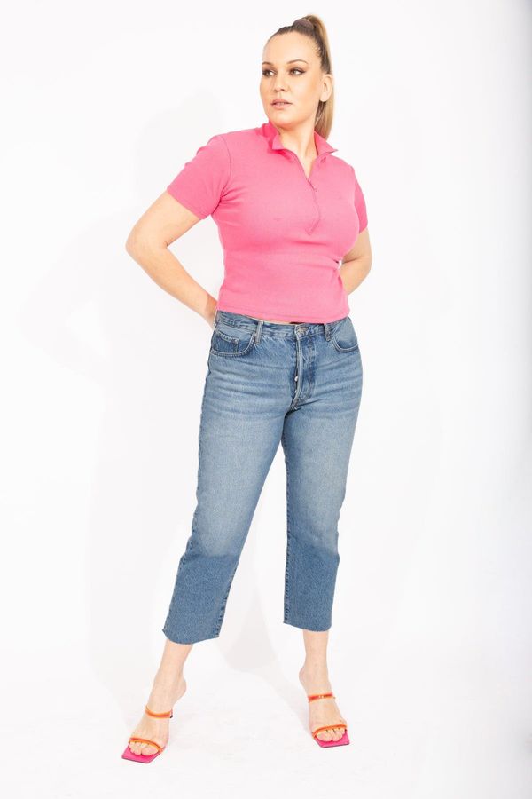 Şans Şans Women's Blue Large Size Washing Effect Dirty Stitched Ankle Length 5 Pocket Jeans