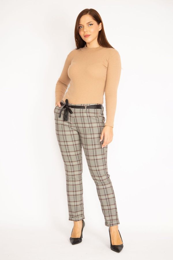 Şans Şans Women's Burgundy Plaid Patterned Hidden Belt Front Zipper Side Pocket Faux Leather Belt Detailed Classic Trousers