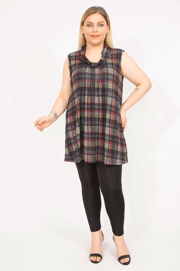Şans Şans Women's Colorful Plus Size Checkered Lycra Tunic with Ribs on the Chest