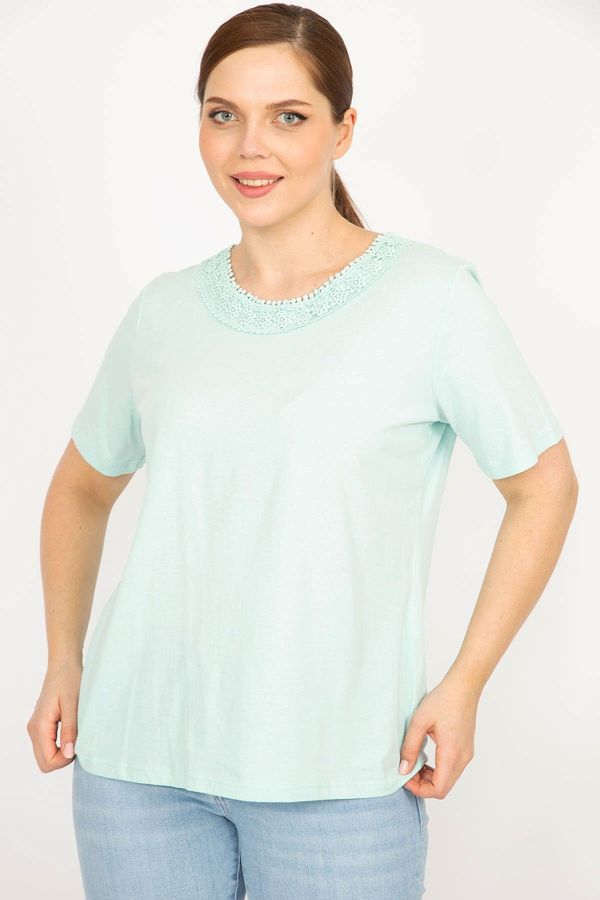Şans Şans Women's Green Large Size Cotton Fabric Lace Detailed Blouse