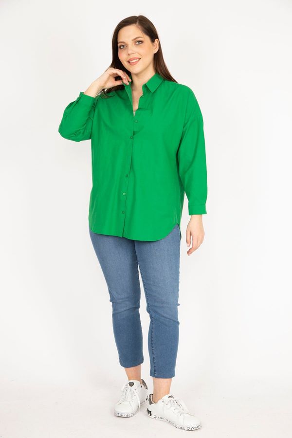 Şans Şans Women's Green Large Size Front Buttoned Cuffed Shirt