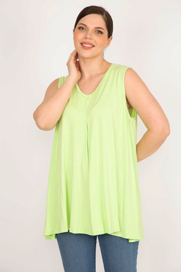 Şans Şans Women's Green Plus Size Front A Pleated V-Neck Sleeveless Tunic