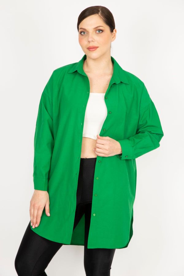 Şans Şans Women's Green Plus Size Front Buttoned Hem Oval Cut Long Shirt