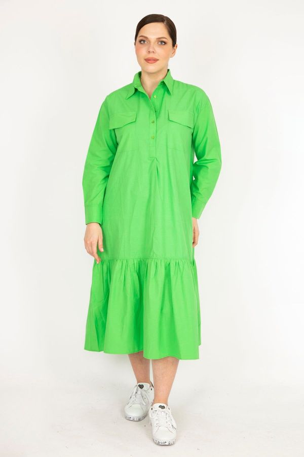 Şans Şans Women's Green Plus Size Front Placket Buttoned Chest Pocket Skirt-Layered Dress