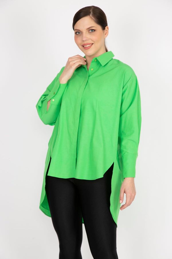 Şans Şans Women's Green Plus Size Hidden Pat Front Length Buttoned Back Long Shirt