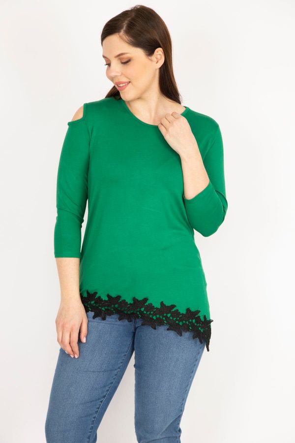 Şans Şans Women's Green Plus Size One Shoulder Decollete Lace Hem Blouse