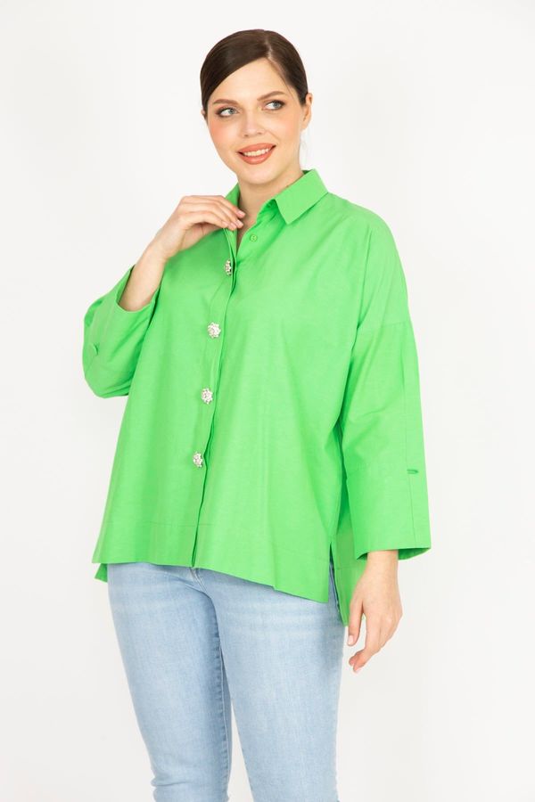Şans Şans Women's Green Plus Size Stone Buttoned Side Slit Shirt