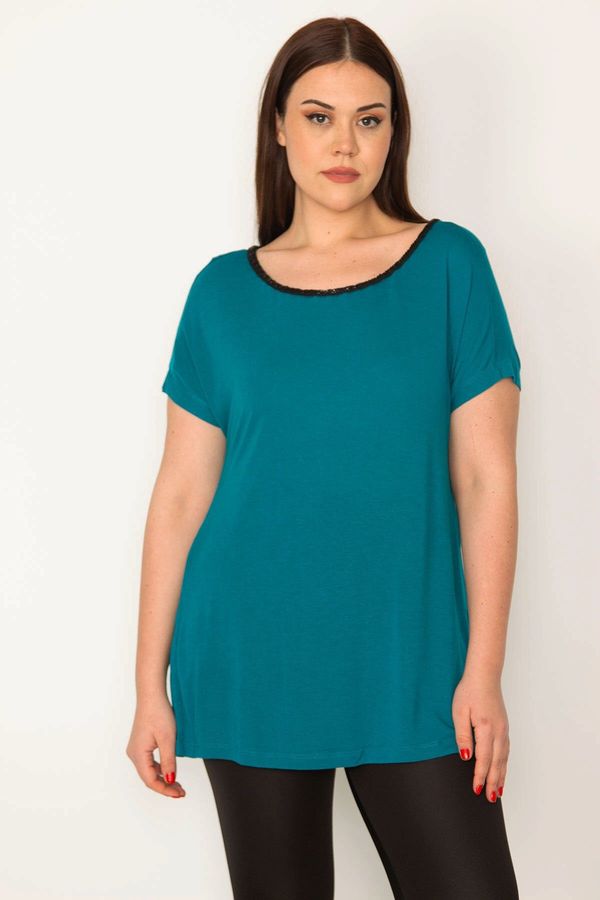 Şans Şans Women's Green Plus Size Viscose Blouse with Stone Detailed