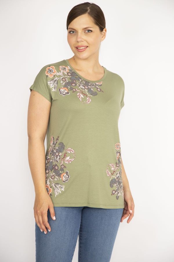 Şans Şans Women's Khaki Plus Size Crew Neck Front Printed Short Sleeve Blouse