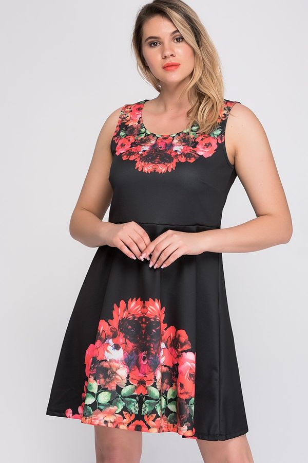 Şans Şans Women's Large Size Black Floral Patterned Dress
