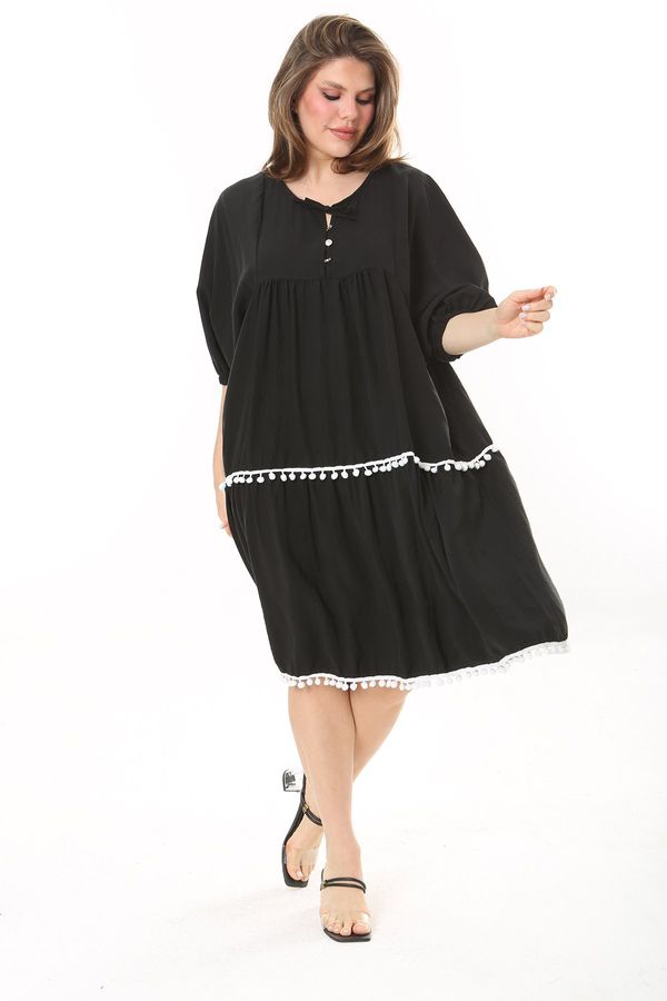 Şans Şans Women's Large Size Black Front Buttoned Dress with Chest Gathering and Pompom Detail