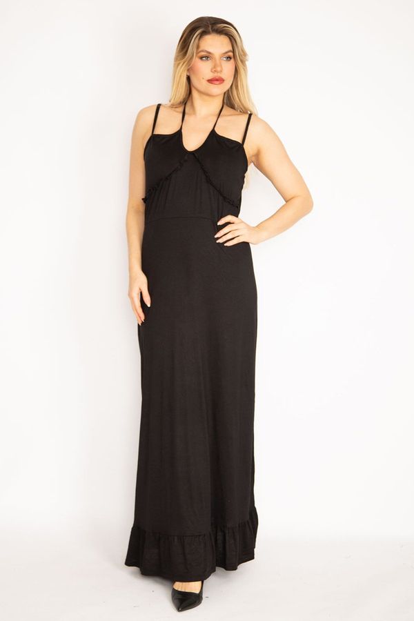 Şans Şans Women's Large Size Black Long Dress with Straps and Ruffle Detail on the Collar and Tiered Hem