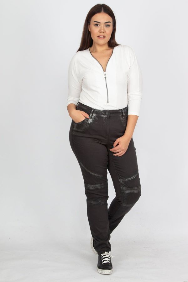 Şans Şans Women's Large Size Black Stitching Detailed Lacquer Printed 5 Pocket Trousers