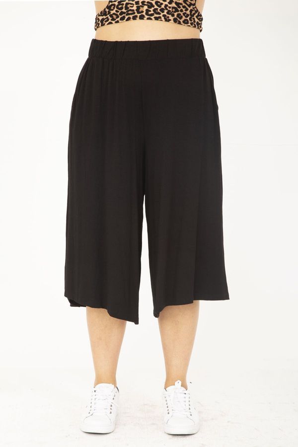 Şans Şans Women's Large Size Black Wide Leg Elastic Waist Side Pocket Viscose Capri