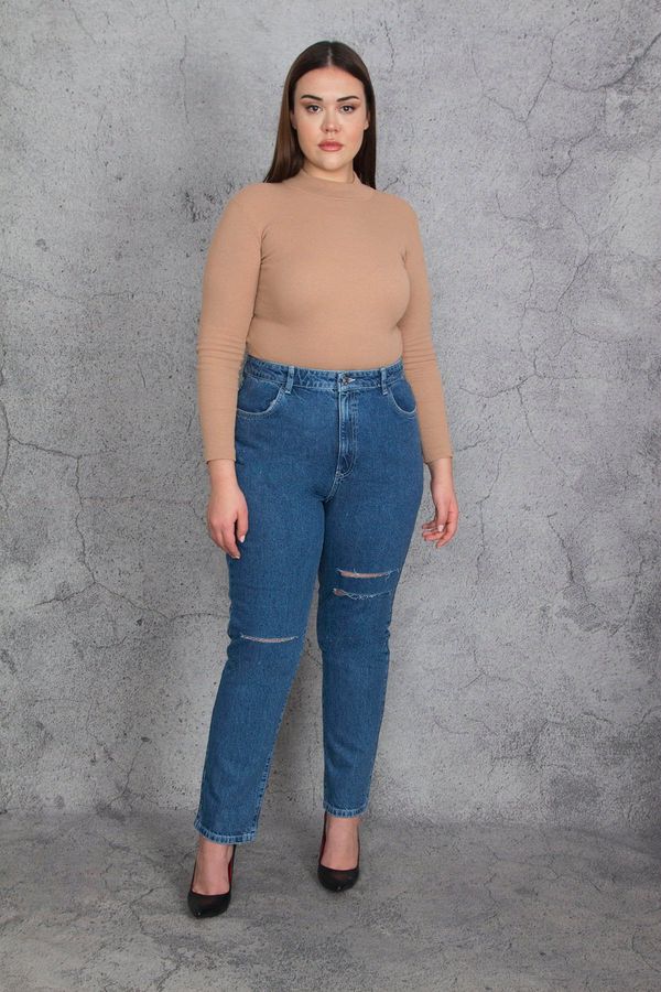 Şans Şans Women's Large Size Blue Ripped Detailed Jeans Pants