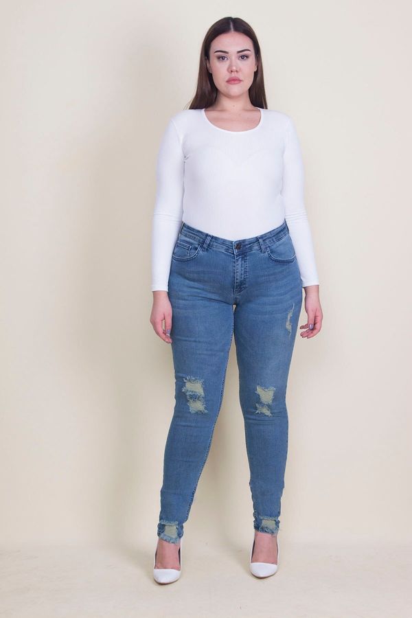 Şans Şans Women's Large Size Blue Ripped Detailed Lycra Denim Skinny Trousers