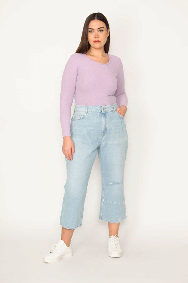 Şans Şans Women's Large Size Blue Ripped Detailed Washed Effect 5 Pocket Jeans