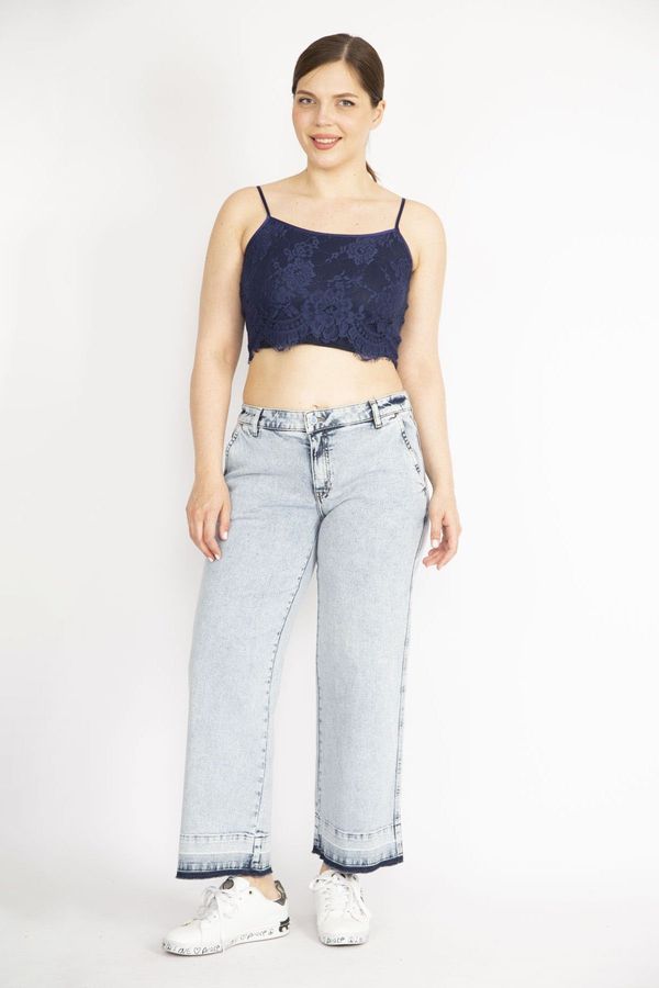 Şans Şans Women's Large Size Blue Side Pocket Jeans with Filthy Stitching