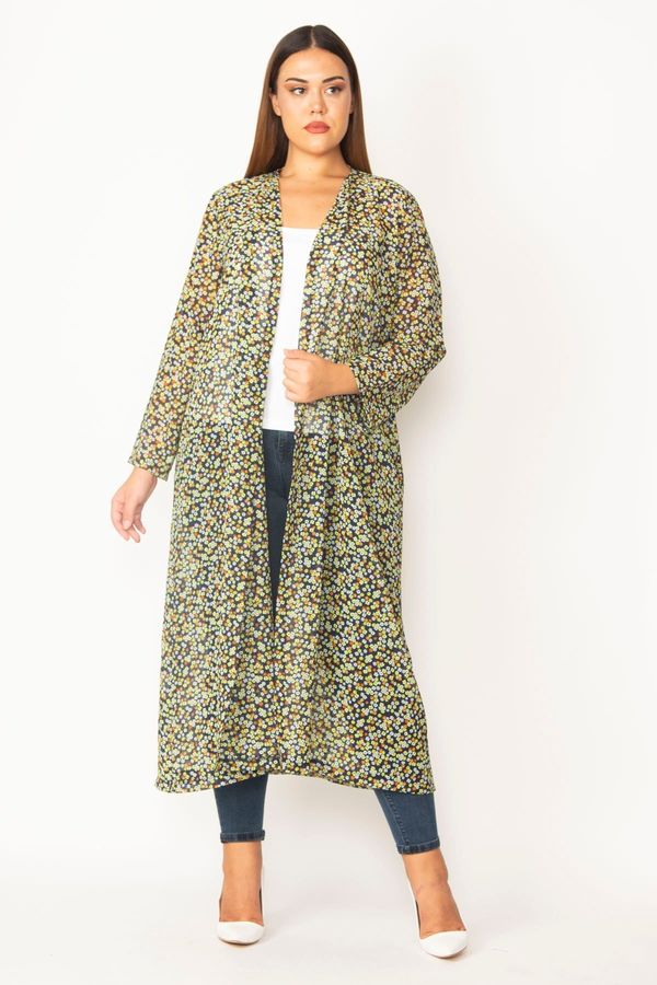 Şans Şans Women's Large Size Colorful Chiffon Fabric Patterned Long Cardigan