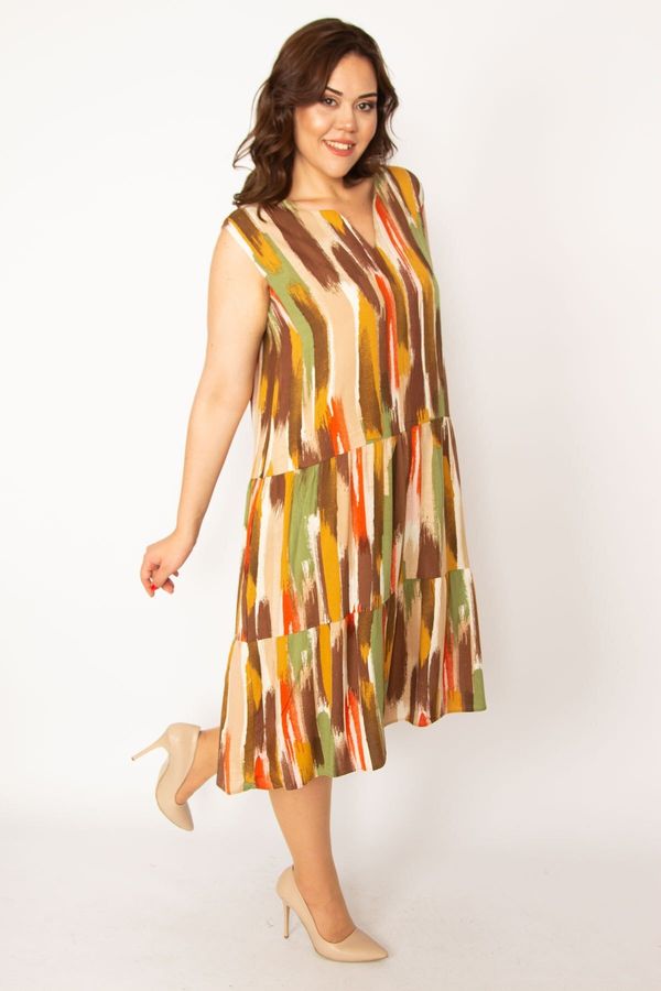 Şans Şans Women's Large Size Colorful Woven Viscose Fabric Brush Patterned V-Neck Dress