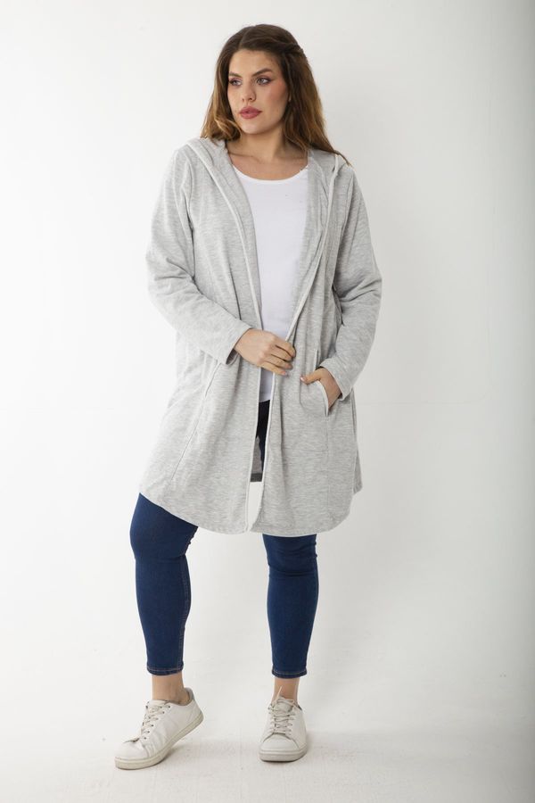 Şans Şans Women's Large Size Gray Cup and Vep Detailed Hooded Cardigan