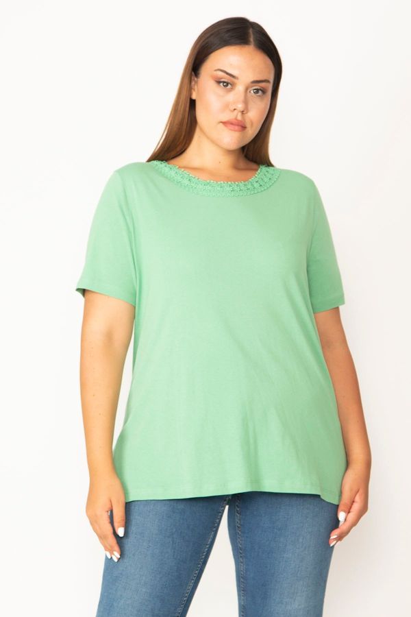 Şans Şans Women's Large Size Green Cotton Fabric Collar Lace Short Sleeve Blouse