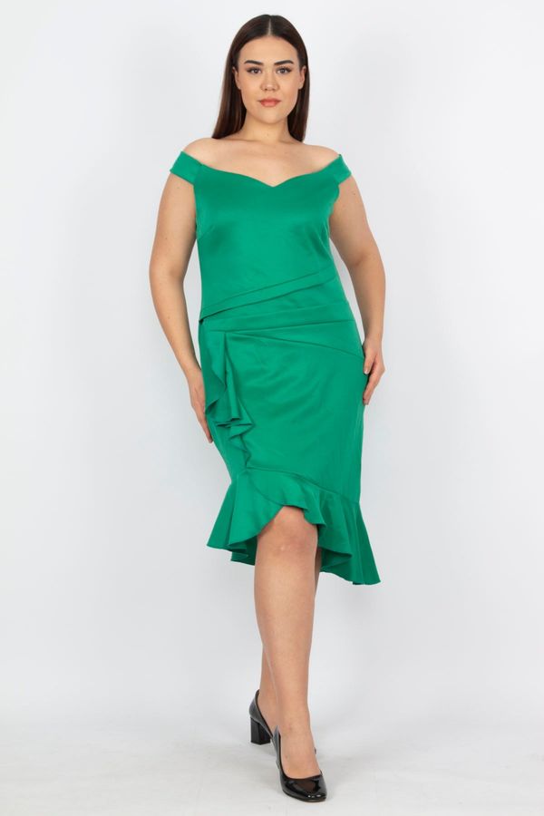 Şans Şans Women's Large Size Green Waist Detailed Flounce Dress