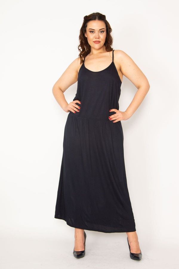 Şans Şans Women's Large Size Navy Blue Elastic Waist Strap Viscose Dress