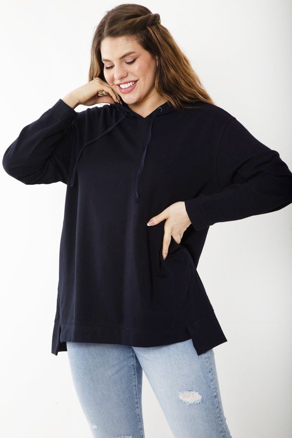 Şans Şans Women's Large Size Navy Blue Relaxed Cut Side Slit Hooded Sweratshirt