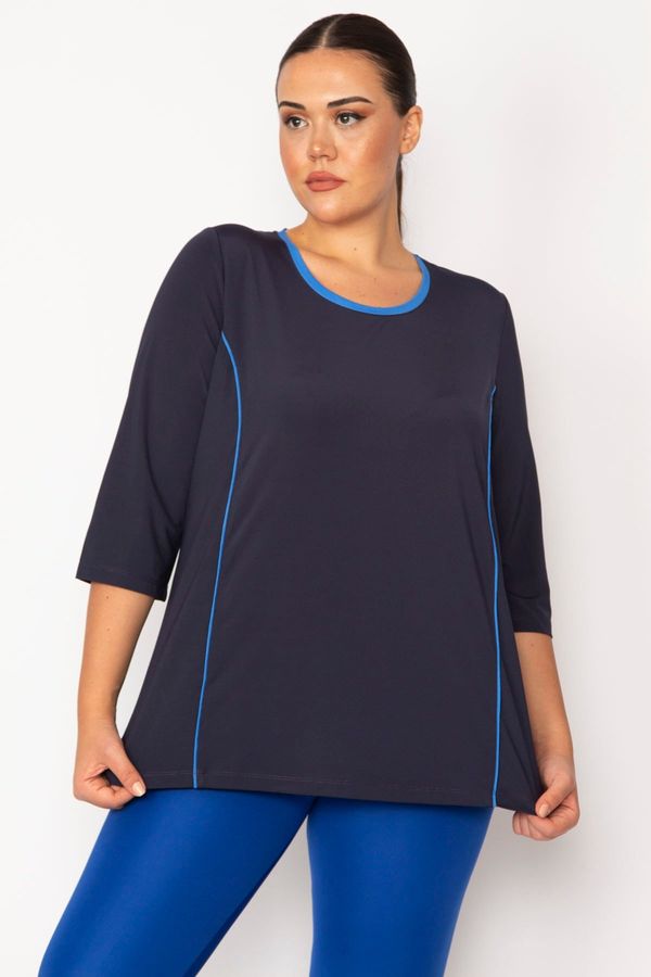 Şans Şans Women's Large Size Navy Blue Tunic with Piping and Cup Detail