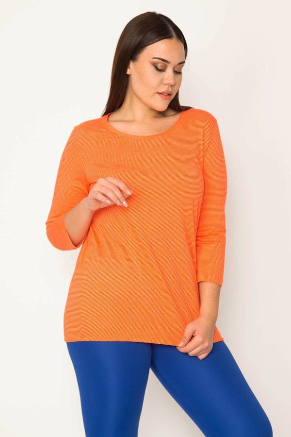 Şans Şans Women's Large Size Orange Thin Striped Blouse with Elastic Hem