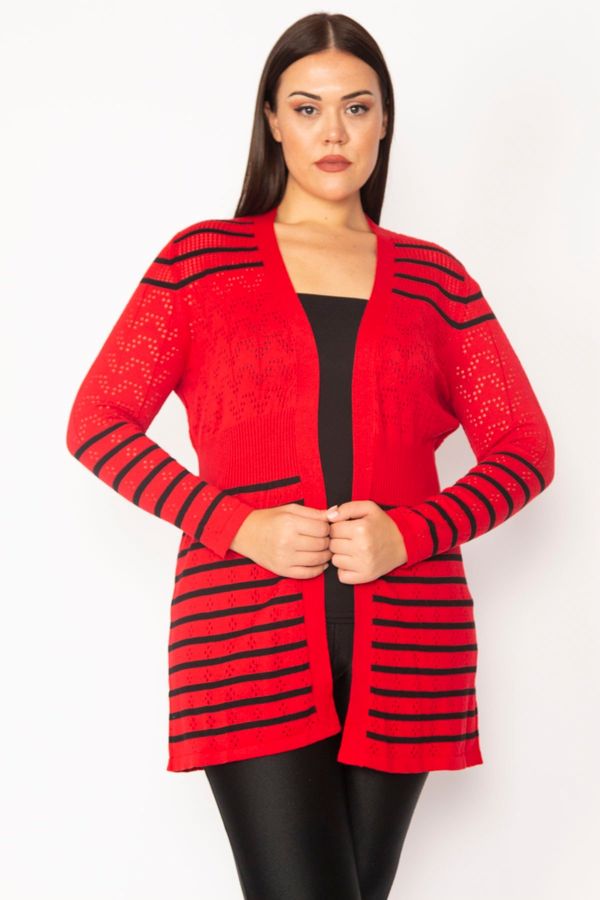 Şans Şans Women's Large Size Red Openwork Knitted Striped Knitwear Cardigan
