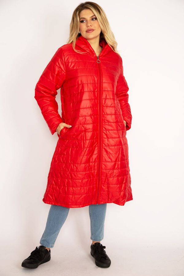 Şans Şans Women's Large Size Red Quilted Front Zipper and Pocket Puff Coat