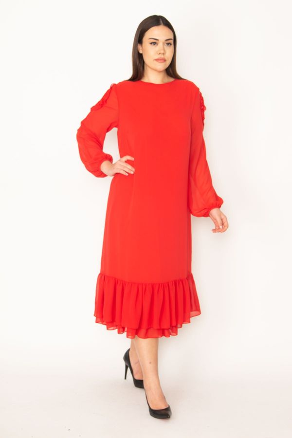 Şans Şans Women's Large Size Red Shoulder Low-Cut Hem Flounced Lined Chiffon Long Dress