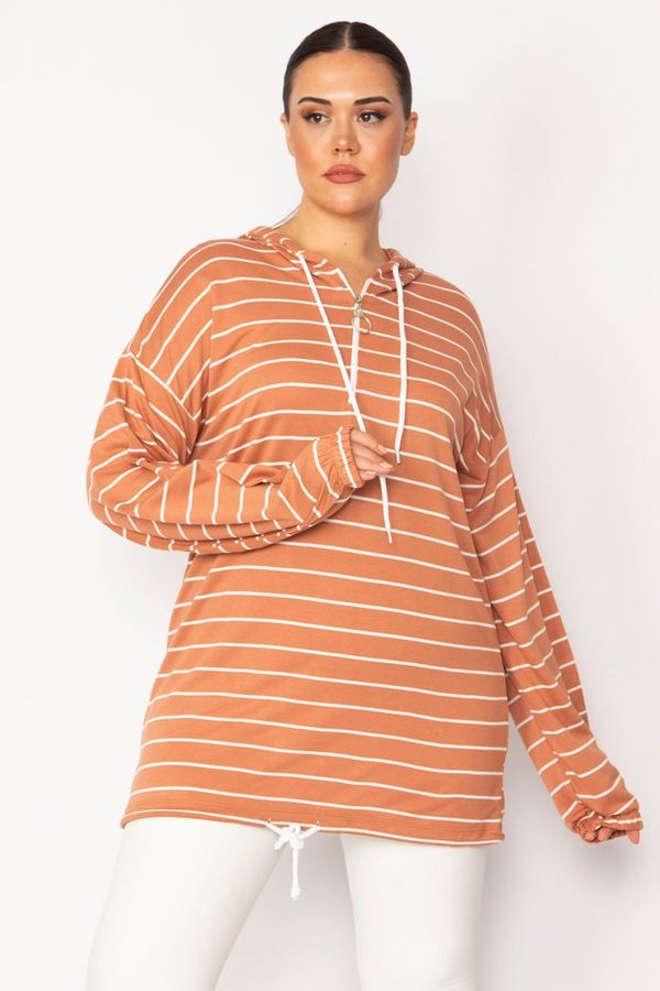 Şans Şans Women's Large Size Tan Front Placket Zippered Eyelet and Lace Detailed Hooded Striped Tunic