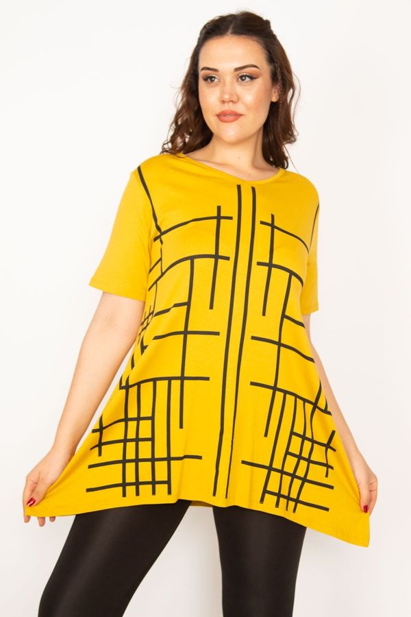 Şans Şans Women's Large Size Yellow V-Neck Front Printed Tunic