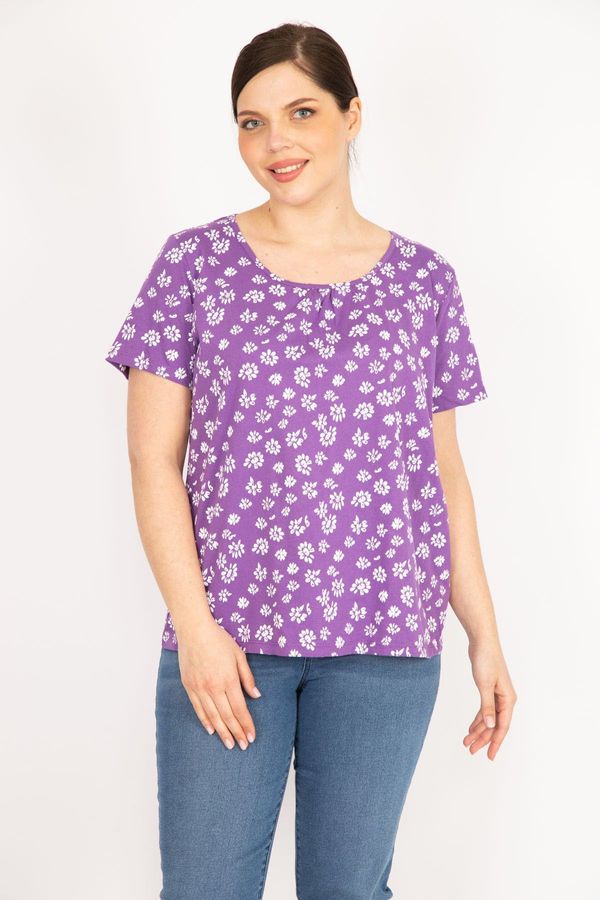 Şans Şans Women's Lilac Large Size Cotton Fabric Short Sleeve Patterned Blouse